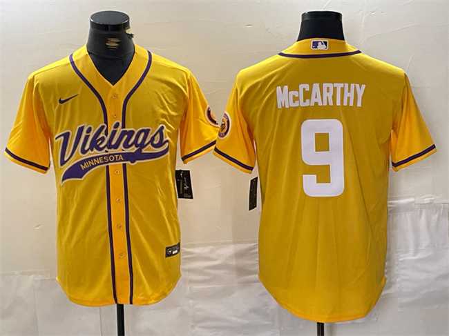 Men%27s Minnesota Vikings #9 J.J. McCarthy Yellow Cool Base Stitched Baseball Jersey->minnesota vikings->NFL Jersey